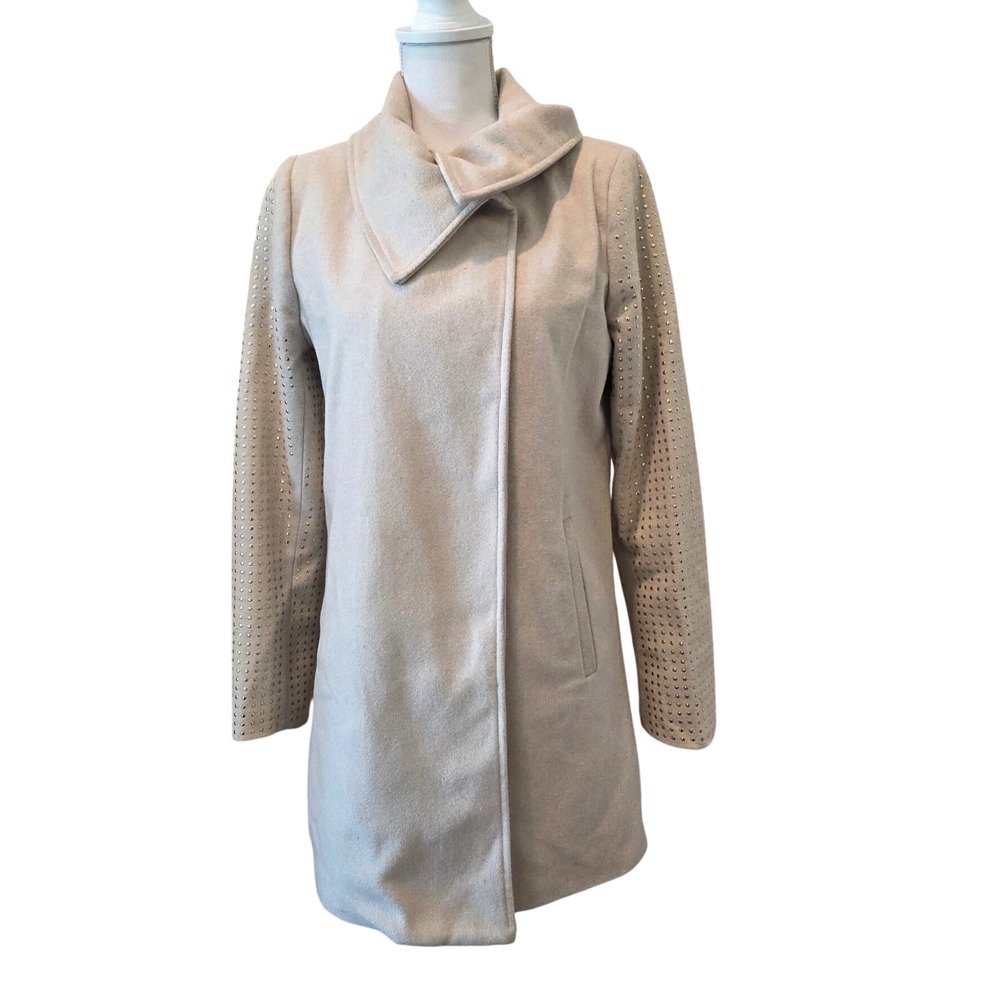 Joujou Coat Wool Blend Studded Sleeve Asymmetrical Collar Cream Glam Medium M